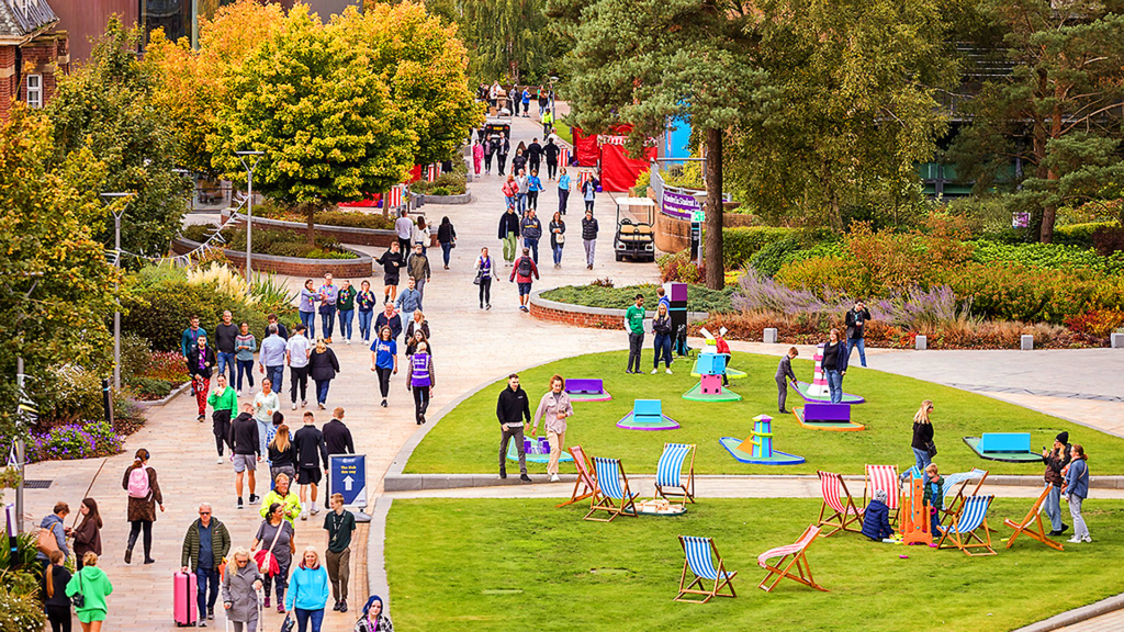 A high angle shot of students walking through Central Campus on Welcome Sunday.