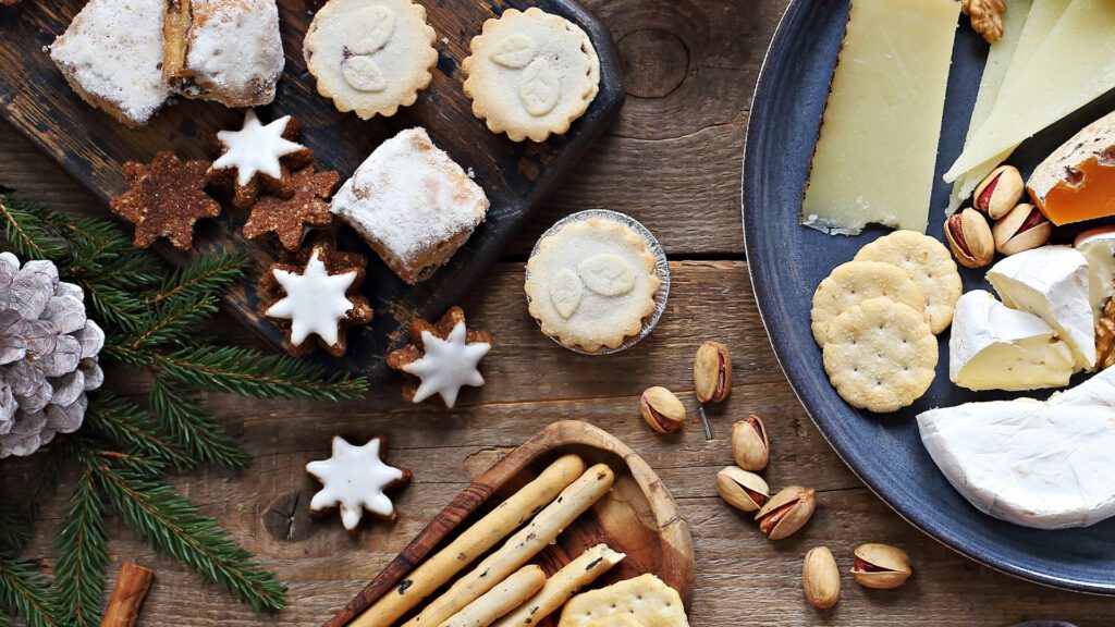 Arial shot of a table filled with christmas food and snacks