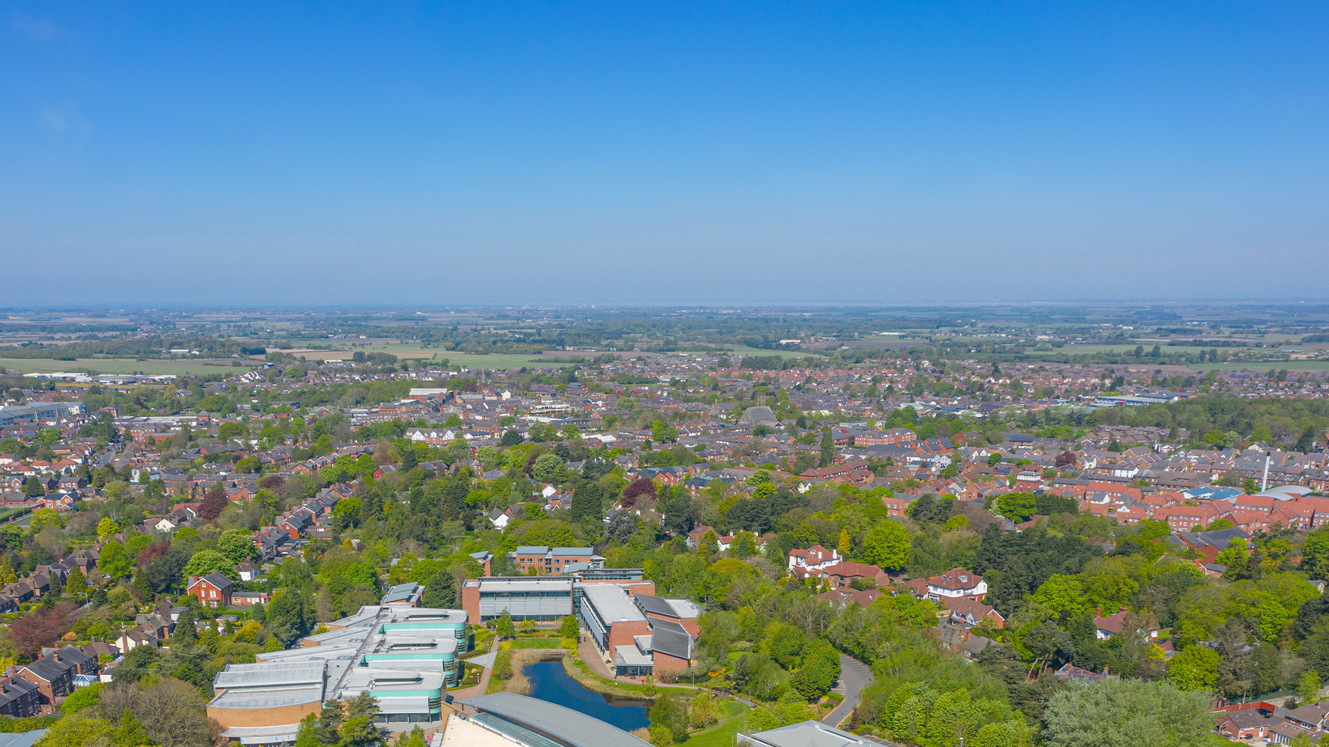 aerial shot of western campus and Ormskirk town centre