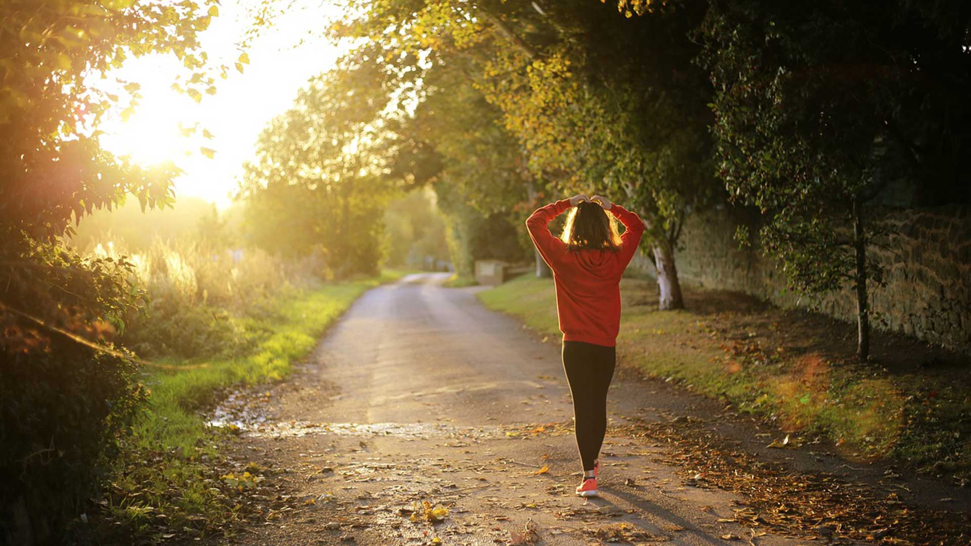 Girl walking through forest as sun goes down.