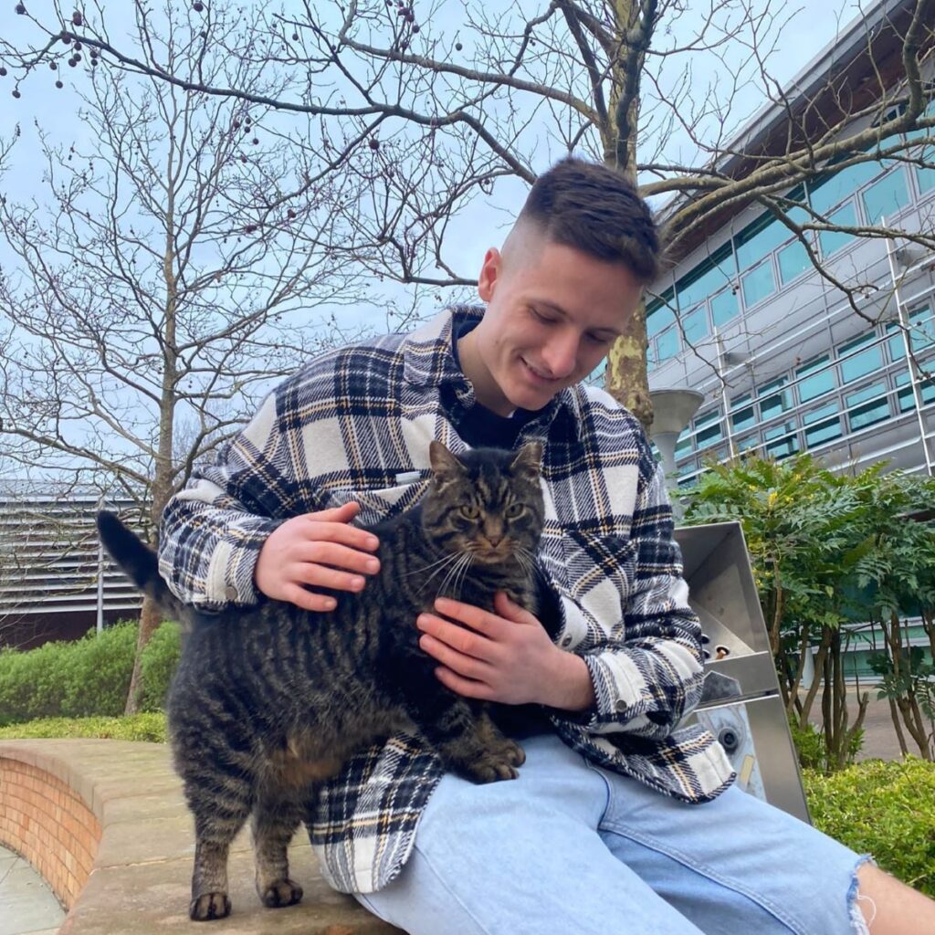 Daniel sits on a wall stroking a tabby cat with trees behind him.