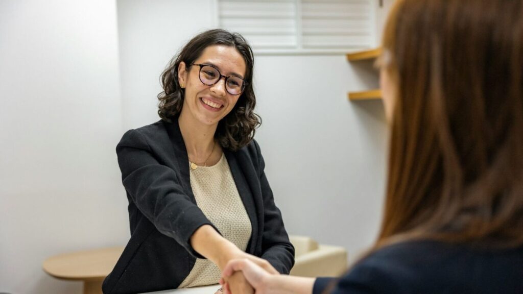 An interviewer shakes hands with an interviewee.