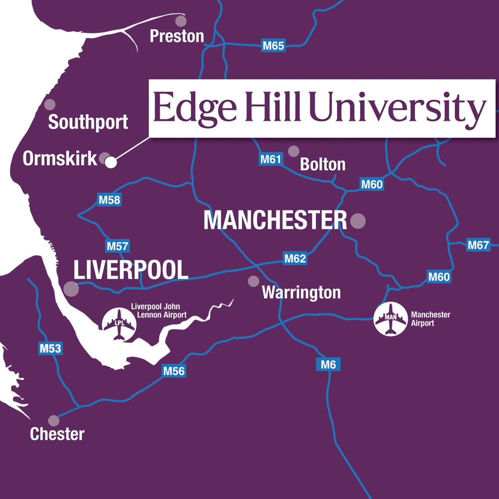 Regional map showing location of Edge Hill University in the North West of England.