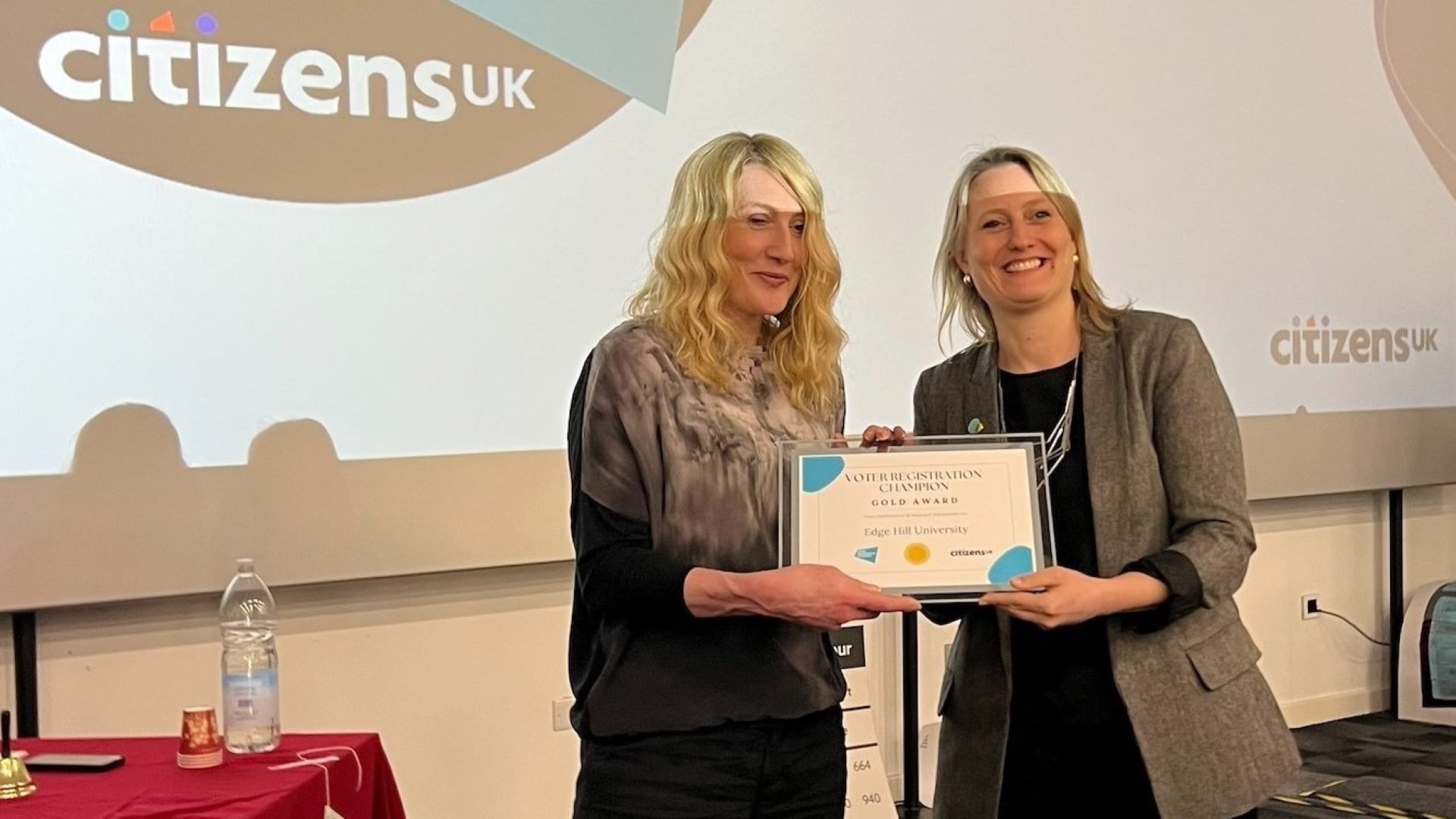 Edge Hill professor Victoria Foster, receiving a certificate at The Citizens North Fringe Event